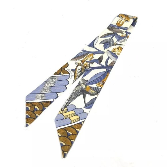 HERMES Bird pattern Twilly BandeauScarf Scarf silk White/blue - Picture 1 of 10